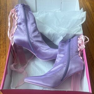 Sugar Thrillz Lavender Satin Ankle Booties with Pink Ribbon Detail